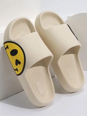 Cream Slide Sandals with Yellow Smiley Accent